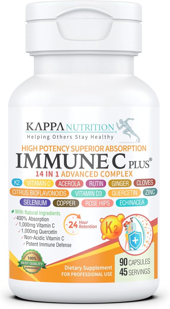 KAPPA NUTRITION Immune C Plus 14 in 1 Advanced Complex | 1,000 mg Non-Acidic Vitamin C + Quercetin + Vitamin D3 5,000 IU + Vitamin K2 MK-7 + Zinc, Selenium & Copper | 90 Capsules