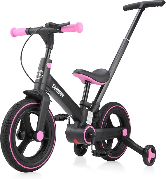 EOOWOY Balance Bike with Push Handle for Kids 18-60 Months, 6 in 1 Foldable Push Bike with Training Wheels & Pedals, Balance Bicycle for Boys and Girls with Brakes & Kickstand