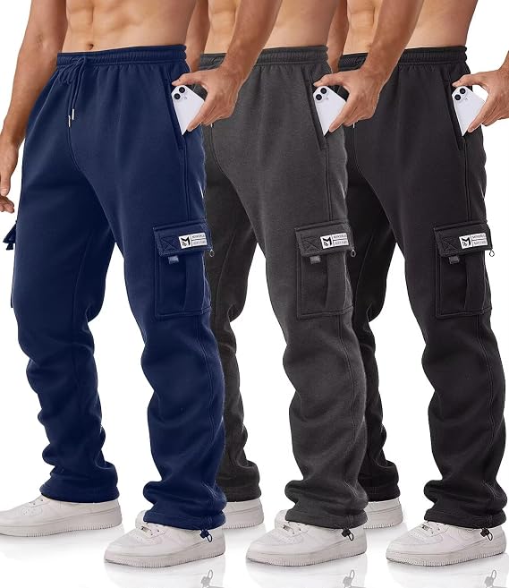 3 Pack Mens Cargo Joggers Relaxed Fit Mens Joggers Bottoms with Pockets, Tracksuit Bottoms Men Cargo Trousers Fleece Sweatpants Hiking Tactical Workout Pants