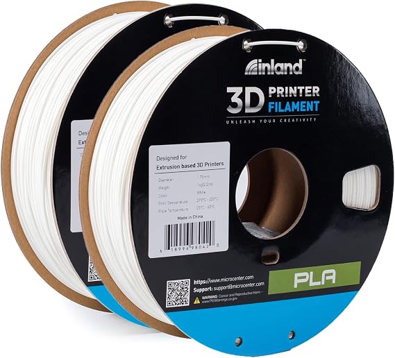 Inland PLA Filament Bundle 1.75mm 2KG, 3D Printer Filament, Dimensional Accuracy +/- 0.02 mm, 2 Pack Filament, Fits Most FDM 3D Printers (White, 2 Pack)