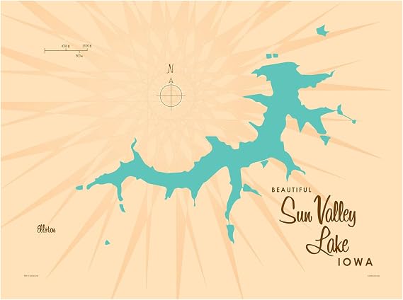 Lakebound Sun Valley Lake Iowa Retro Map Wall Art Print Poster for Home & Kitchen. Distinctive Home or Office Wall Decoration 9" x 12"