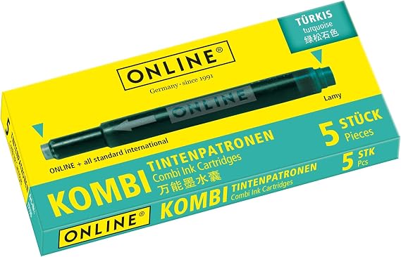 Online Double-Sided Pen Ink cartridges, Universal Pen Refills, Compatible with All Common Fountain pens, Even Lamy pens - 5 Spare cartridges - Colour Turquoise