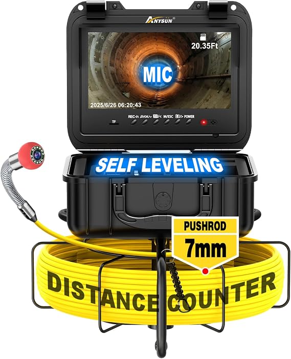 Anysun Self Leveling Sewer Camera with MIC, Distance Counter, 7MM/DVR/9''