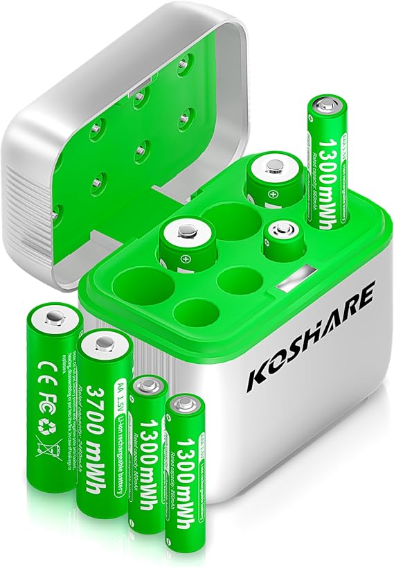 Rechargeable AA AAA Batteries Lithium with Charger 8Pcs, 1.5V Li-ion Batteries with 4 * 3700mWh AA and 4 * 1300mWh AAA,1200 Cycles,Pre-Charge,USB-C and 8 Slot Charger