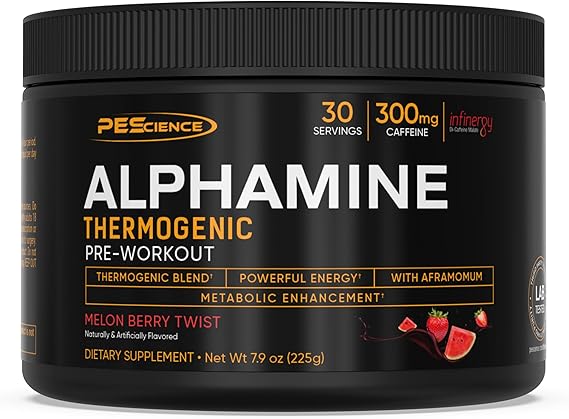 PEScience Alphamine Thermogenic Pre-Workout, Fat Burning PreWorkout Energy Powder with L-Carnitine - Melon Berry Twist, 60 Scoops