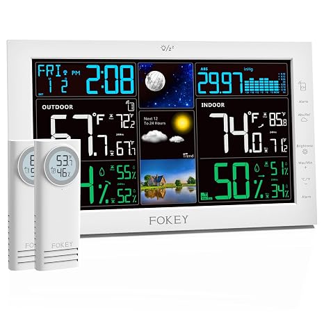 Weather Station Wireless Indoor Outdoor, Indoor Outdoor Thermometer Wireless, Home Atomic Clock Weather Stations, Temperature Humidity Barometer Inside Outside Thermometers, White with 2 Sensors