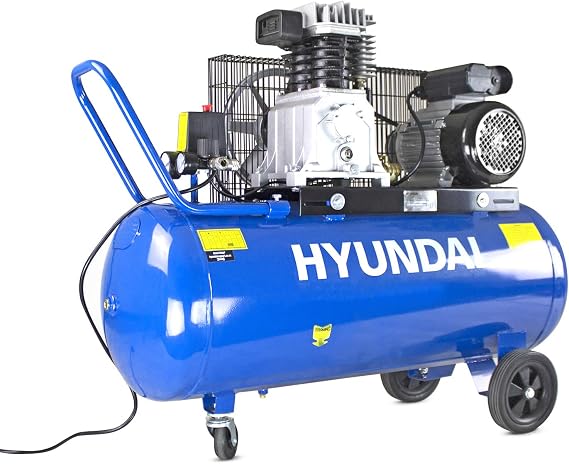 Hyundai 100 Litre Air Compressor, 2.2kw / 3hp, Electric & Portable Compressor, 14cfm / 145psi, Twin Cylinder, Belt Drive, Wheeled