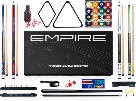 Empire USA - Pool Table Accessories Set 61 Piece | Includes everything needed to play cues, balls, chalk, brush, and more in one ready-to-use kit.