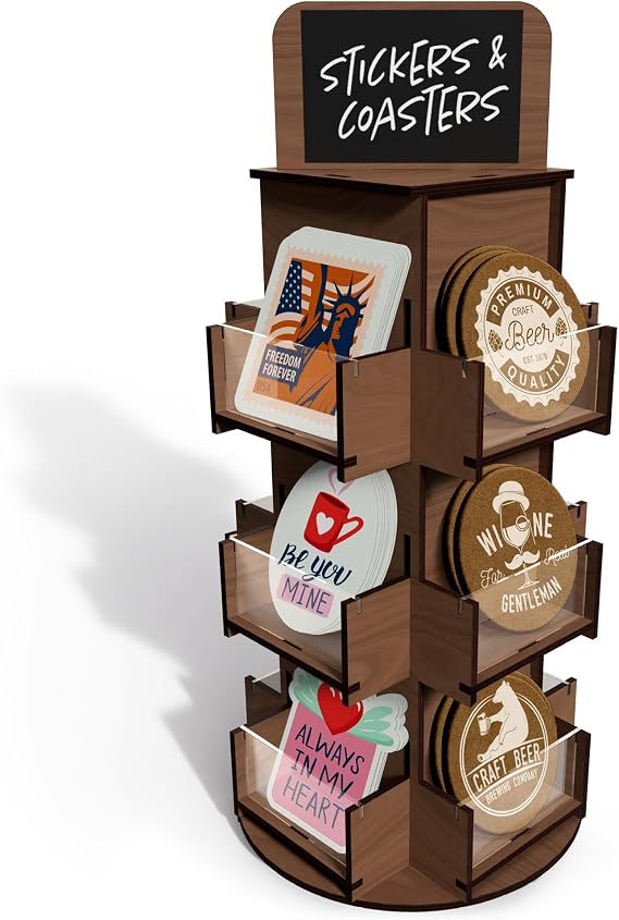DS Display Store 3-Tier Rotating Sticker Display Stand - Brown Wooden Display Rack - Coaster, Sticker Holder - Vendors, Retail Store Shelves