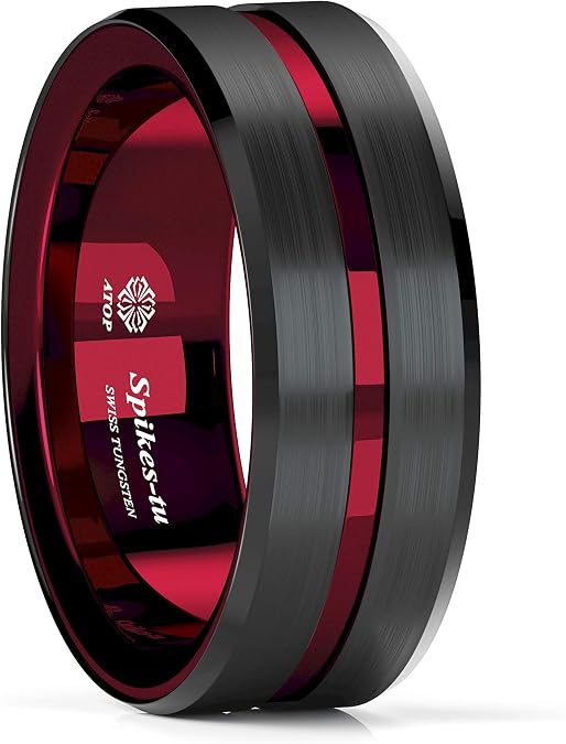 ATOP 8Mm Splicing Black Brushed Tungsten Carbide Ring With Comfort Fit Red Inner ring Wedding Band Ring Men Jewelry Delicate Style Gift