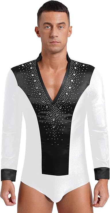 Freebily Men's Sparkling Glitter Leotard Shirt for Latin Jazz Chacha Rumba Dance Long Sleeve Fitness Ballroom Dancewear