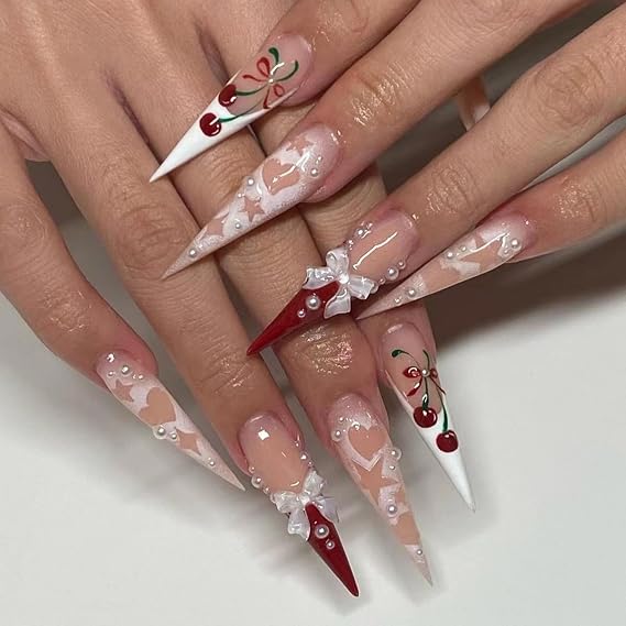 French Tip Press on Nails Long Stiletto Fake Nails Love Star Imprint Glue on Nails with 3D Bow Pearl Design Glossy Reusable Acrylic Full Cover Cherry Stick on Nails for Women Christmas Manicure 24Pcs