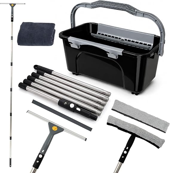 Window Washing Kit with Extension Pole(1994.5"), Window Squeegee with Extension Pole, High Reach Window Cleaning Kit, 3 Gallon Bucket, Streak-Free Outdoor Window Cleaner, Extra Refills