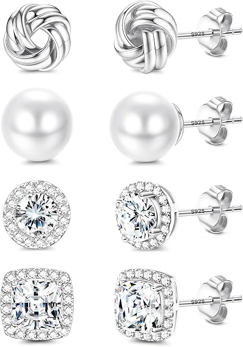 FIBO STEEL 4 Pairs Hypoallergenic Stud Earrings for Women 14K Gold Plated