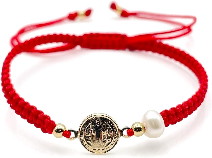 Divine Bracelet featuring St. Benedict Medal and Mother of Pearl Red Nylon Woven Adjustable fit for Women