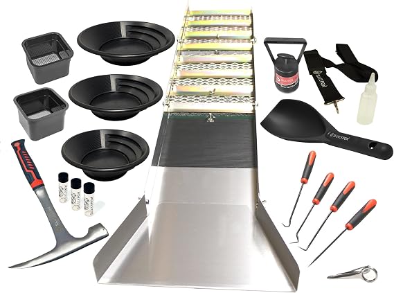 Complete Gold Mining Kit; Foldable 50" Gold Sluice Gate Box; Gold Explorator; Rock Pick Hammer; Gold Classifier; Chargeable Dirt Scoop; Crevice Tool and Other Gold Exploration