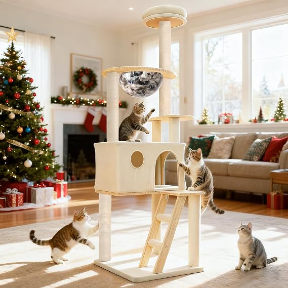 Solid Wood 65" Cat Tree Modern, Multi-Level Cat Tower for Indoor Cats, Sturdy Cat Tower with Hammock, Cozy Condo, Scratching Posts & Ladder