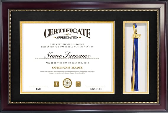 GraduatePro 11x17 Diploma Frame with Tassel Holder for 8.5x11 Certificate Graduation Gifts, Mahogany Gold Rim with Double Mat Black Over Gold, Real Glass