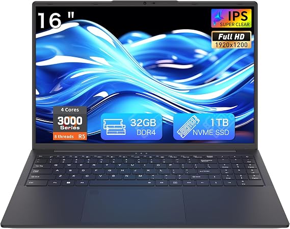 Auusda Laptop Computer, 32GB RAM, 1TB SSD, Ryzen 5 3000 Series 4C8T 3.7/2.1GHz, 16" FHD+, Webcam, Privacy Shutter, Backlit KB, Fingerprint, USB-C 65W Charging, 3 USBA, Win11Pro, WiFi 6, T160R, Black