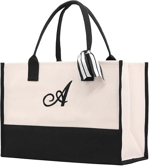 VANESSA ROSELLA Premium Quality Personalized Gift Monogram Initial 100% Cotton Chic Tote Bag with Customize Option - Black