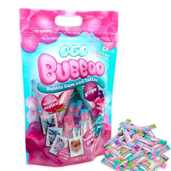 Bubboo Bubble Gum and Temporary Tattoos Set - Party Supplies Set with 50 Pieces of Bubblegum in 5 Flavors and 50 Temporary Tattoos for Boys, Girls, Kids | Assorted Party Favors Pack