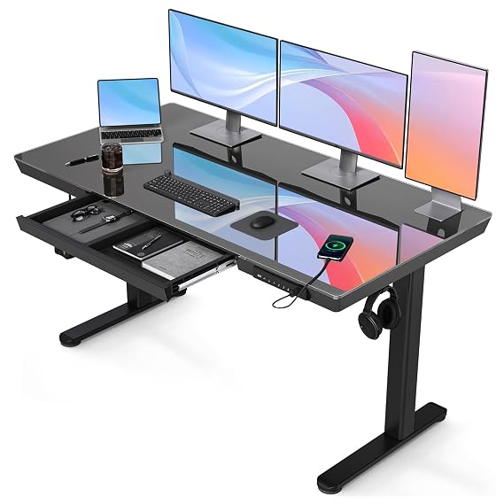Claiks Glass Standing Desk with Drawers & USB Ports 55x24 Inch, Black