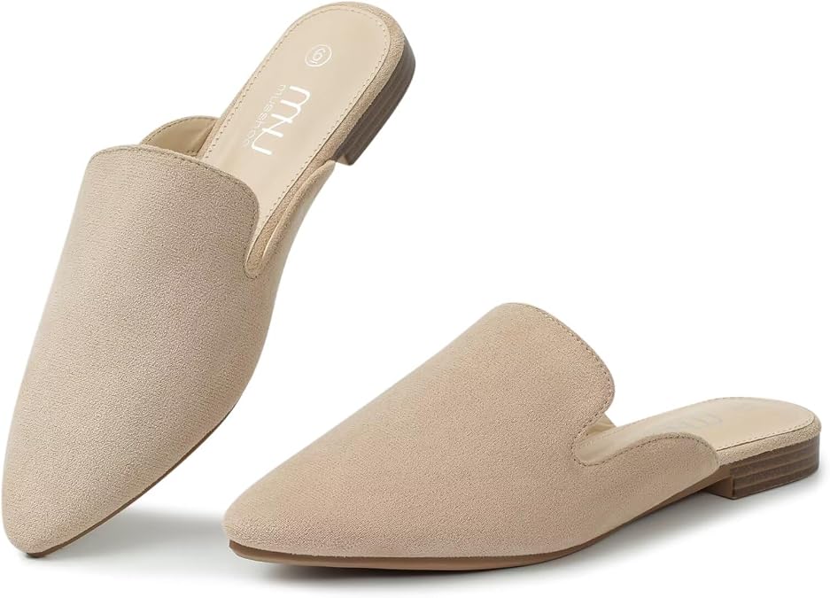 MUSSHOE Womens Pointed Toe Mule Flats: Comfortable Lightweight Slip On Backless Loafers with Memory Foam for Office Work & Dressy Casual Wear