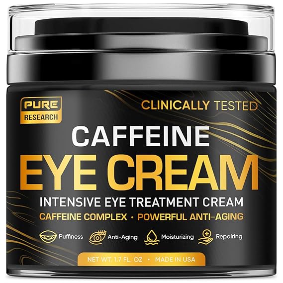 PURE RESEARCH Caffeine Eye Cream For Anti Aging, Dark Circles, Bags, Puffiness. Great Under Eye Skin + Face Tightening, Eye Lift Treatment For Men & Women 1.7oz