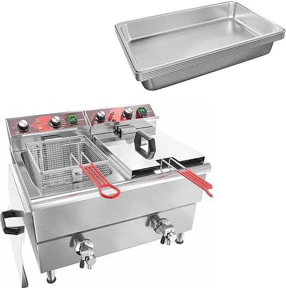 Deep Fryer 24L Large Electric Fryer with Oil Drain and Timer 120V 1750W and 6 Pack Full Size 4 Inch Deep Pan for Buffet Party Supplies