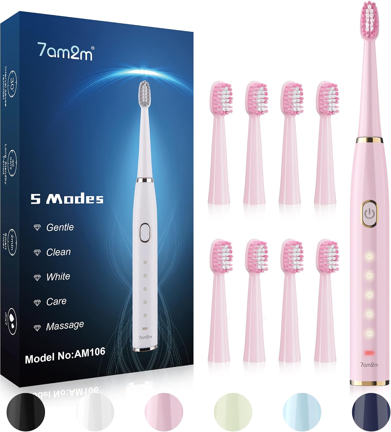 7AM2M Sonic Electric Toothbrush for Adults and Kids- High Power Rechargeable Toothbrushes with 8 Brush Heads,5 Adjustable Modes, Built-in 2-Minute Smart Timer,4 Hours Fast Charge for 75 DaysPink