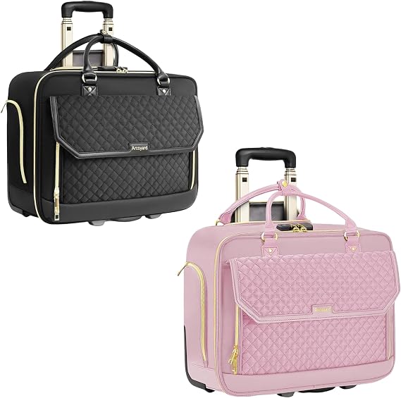 Arcoyard Rolling Laptop Bag, Briefcase for Women with Wheels, Black & Pink