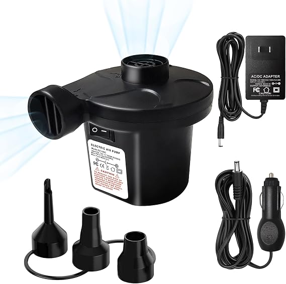 Air Pump for Inflatables - Electric Air Mattress Pump with 3 Nozzles, Portable Quick-Fill Inflator Air Pump for Inflatable Boat, Air Mattress Beds, Swimming Ring, Compatible with Home and Car Adapter