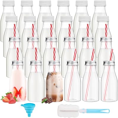 Irenare 24 Sets Heat Resistant Plastic Milk Bottles with Straws Silver Metal Lids and Caps for Party Reusable Plastic Bottle for Dairy Milk Juices Shakes Christmas Birthday Party Supply 12 oz