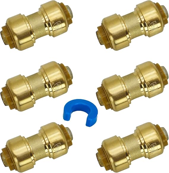 Z 1/2 Inch Push to Connect Fittings, 6-Pack Brass Couplings & Clip, for PEX, Copper, CPVC Pipe, Certified Lead-Free for Plumbing & DIY Repairs