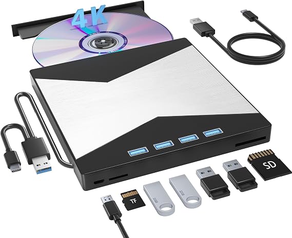 Wbacon 4K External Blu Ray Drive, USB 3.0 & 4 USB Ports 3D Blu Ray Drive