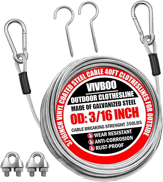 Clothes Line Outdoors 40ft Fixed with Hooks Heavy Duty