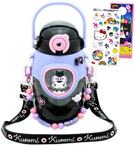 SANRIO Kuromi Water Bottle for Girls - Bundle with 16 Oz Kuromi Drinking Cup with Straw and Carrying Strap for Home, School, Sports, Plus Stickers Double Cover Reusable Water Bottle