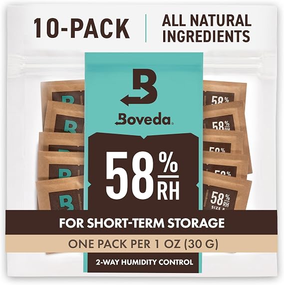 Boveda 58% Two-Way Humidity Control Packs for Storing 1 oz – Size 8 – 10 Pack – Moisture Absorbers for Small Storage Containers – Humidifier Packs – Hydration Packets in Resealable Bag