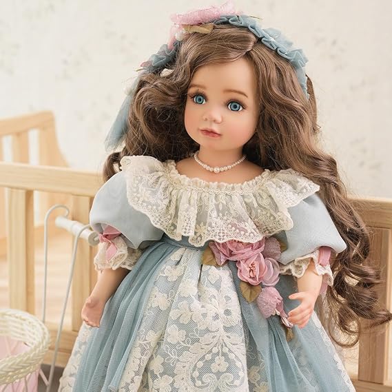 18 Inch Kawaii Porcelain & Fabric Doll Cute European Retro Handmade Ceramic Doll with Showing Stand for Room Decor, Birthday Gifts, Collectible ,Name Olivier (Blue)