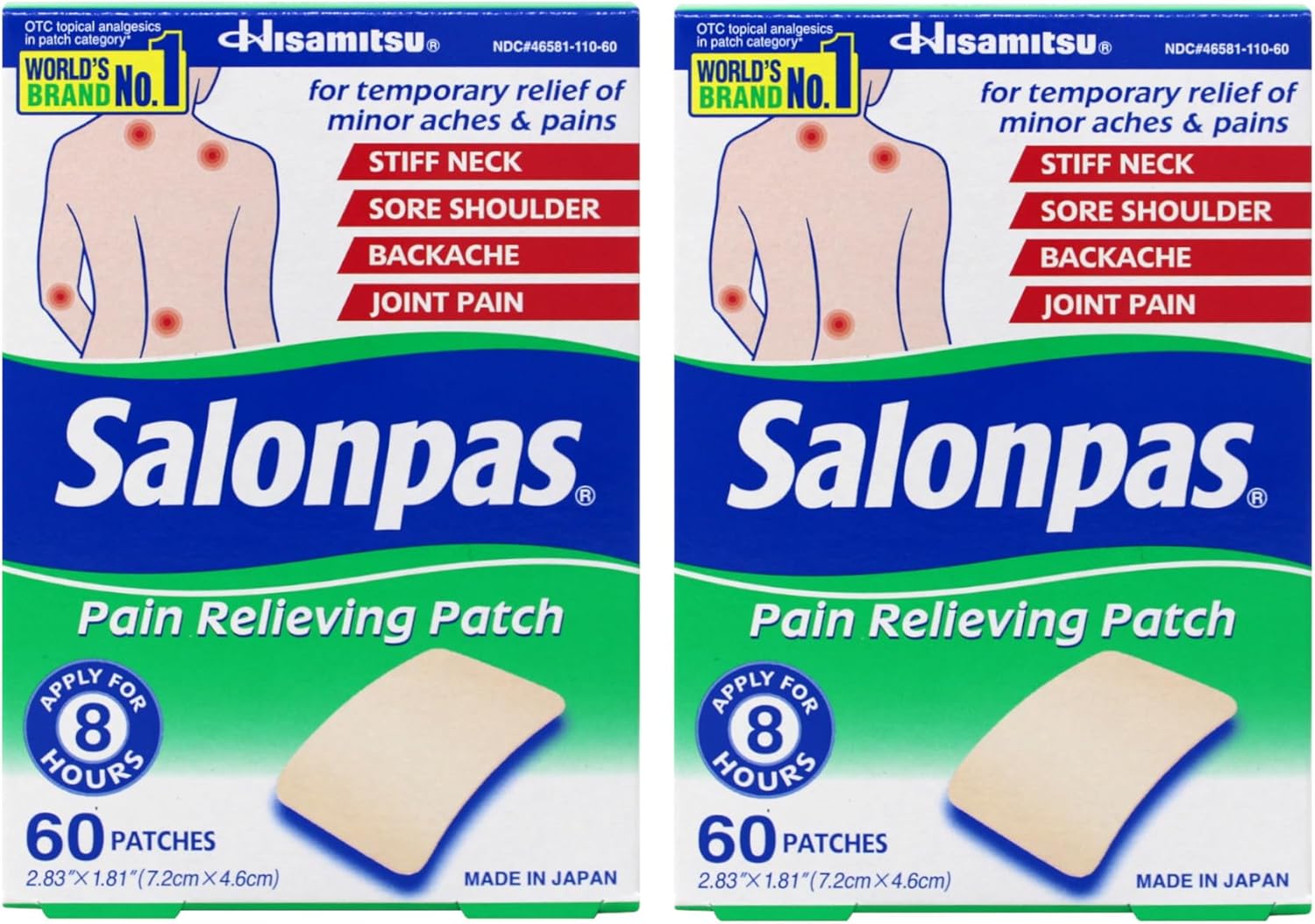 Salonpas Pain Relieving Patch, Extra Strength Topical Analgesic, 60 Ct Pack of 2