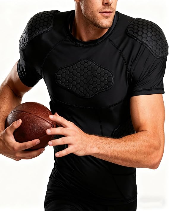 Padded Football Shirt, 6 Protective Pads Gear, Breathable & Quick Drying, Mens Padded Compression Shirt Rib Protectors for Football Baseball Basketball(X-Large) Black