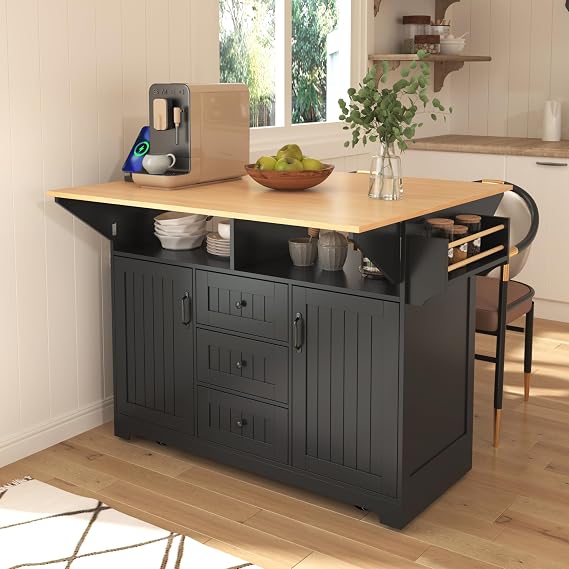 55.7'' Large Kitchen Island with 2 Drop Leaf, Rolling Kitchen Cart on 5 Wheels with Power Outlet, Folding Storage Dining Table with Spice & Towel Rack, 3 Drawers, for Kitchen, Dining Room