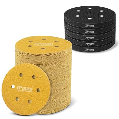 TPmax 6 Inch 6 Hole 100 Pcs 180 Grit Sanding Discs & 5 Pcs Interface Pads | Premium Gold Sandpaper & Sponge Cushion Buffering Backing Pads | Hook & Loop for Random Orbital Sander