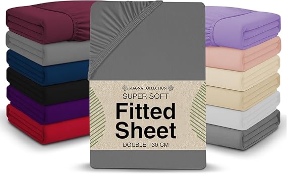 Double Fitted Sheet - 135 x 190cm with 30cm Deep Pocket, Soft Brushed Microfibre, Wrinkle-Free, Easy Care, Fade & Shrink Resistant by MAGNA COLLECTION (Grey, Double)