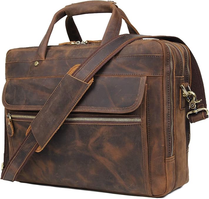Augus Leather Briefcase for Men, 15.6 Inch Laptop Business Travel Bag | 100% Full Grain Leather | YKK Zipper | Fits 15.6" Laptop | 8 Card Slots + 3 Pen Sleeves | Detachable Strap & Trolley Sleeve