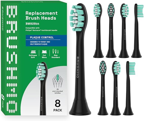 BRUSHMO Plaque Control Replacement Heads for Philips Sonicare, 8 Pack Black