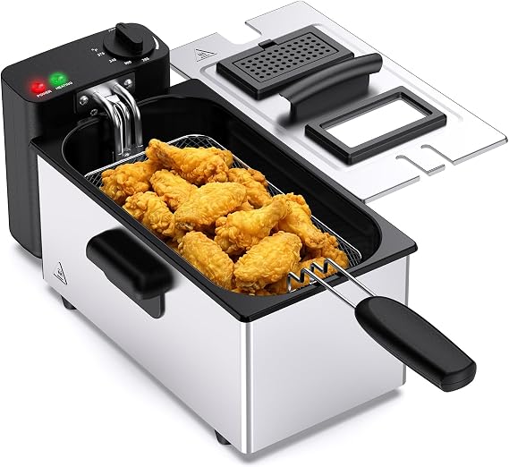 OLIXIS Deep Fryer for Home Use, Small Electric Fryer with 3 Liter Capacity, 1500W Power, 4 Adjustable Temp, Lid with Viewing Window for Fried Chicken, Shrimp, French Fries, Silver
