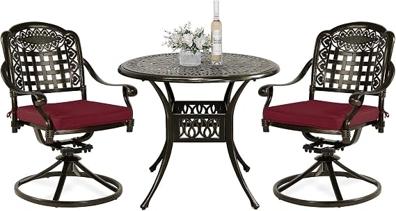 3-Piece Patio Bistro Set, Outdoor All-Weather Cast Aluminum Furniture Dining Set, Include 2 Swivel Chairs and 34.5" Round Table w/Umbrella Hole for Balcony, Lawn, Garden (Red Cushion)