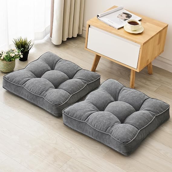 1 MIDDLE ONE Floor Pillow Set of 2, Memory Foam Floor Cushions for Adults, Large Meditation Pillow for Sitting, 22 x 22 Inches (Square | Grey)