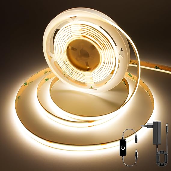 COB LED Strip 3M,Dimmable Dotless LED Strip Lights with Touch Controller,Warm White 3000K with Power Supply,8mm Wide,CRI>90 24V LED Band for Indoor Room,Kitchen,Bookshelf,Mirrors 